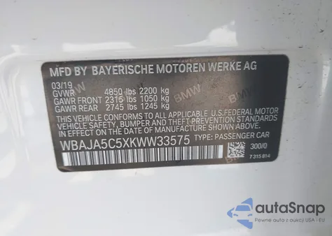 2019 BMW 530I из США, поврежденный, VIN WBAJA5C5XKWW33575